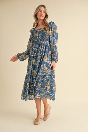 Midnight Blue Floral Smocked Tiered Ruffle Midi Dress