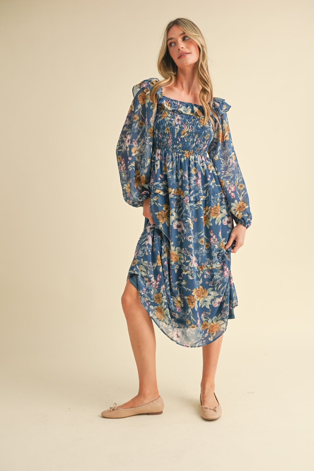 Midnight Blue Floral Smocked Tiered Ruffle Midi Dress