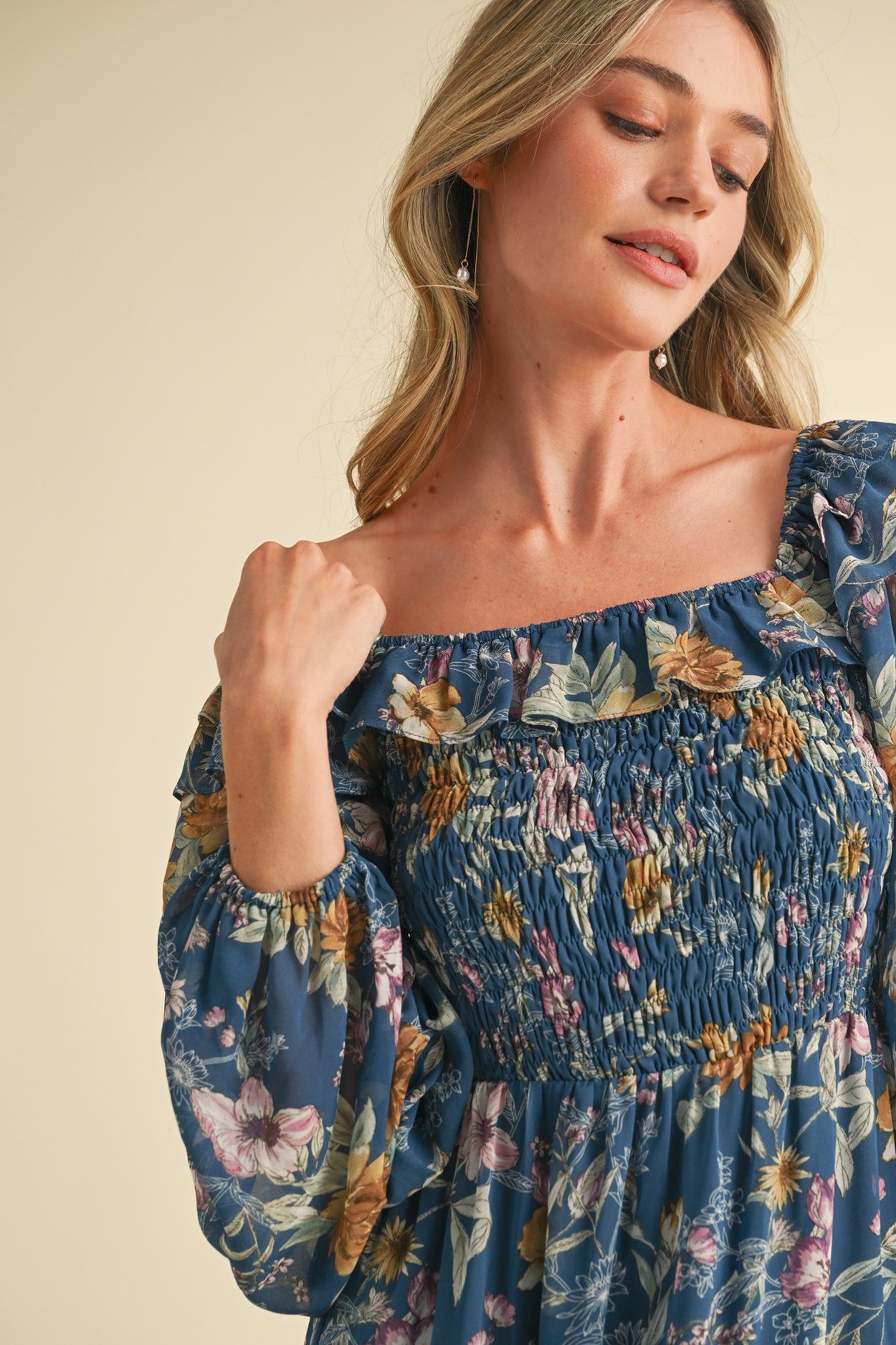 Midnight Blue Floral Smocked Tiered Ruffle Midi Dress