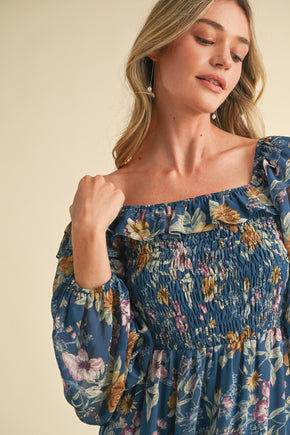 Midnight Blue Floral Smocked Tiered Ruffle Midi Dress