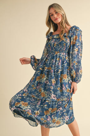 Midnight Blue Floral Smocked Tiered Ruffle Midi Dress