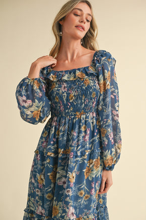 Midnight Blue Floral Smocked Tiered Ruffle Midi Dress