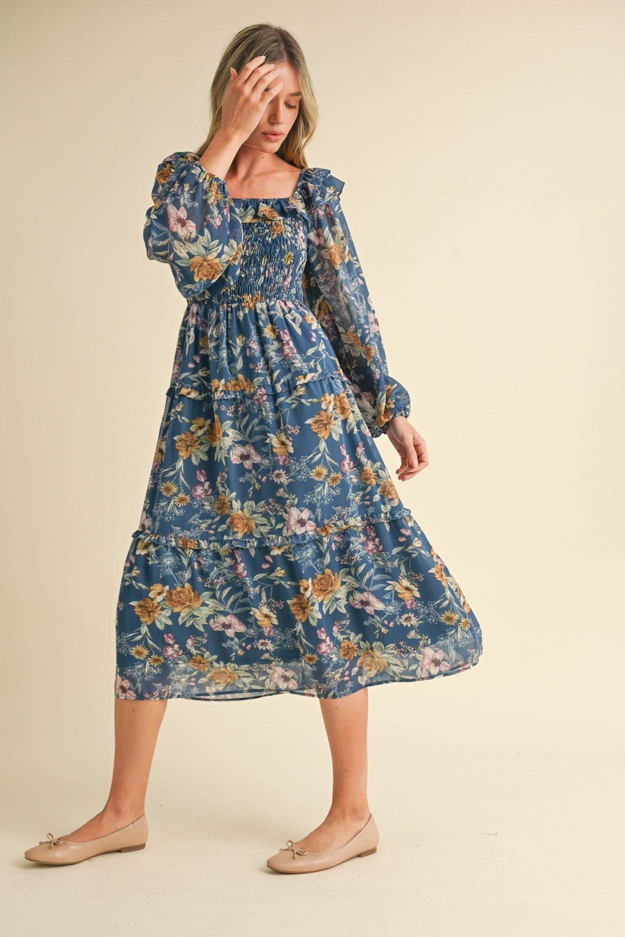 Midnight Blue Floral Smocked Tiered Ruffle Midi Dress