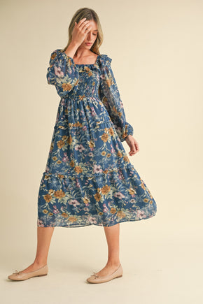 Midnight Blue Floral Smocked Tiered Ruffle Midi Dress