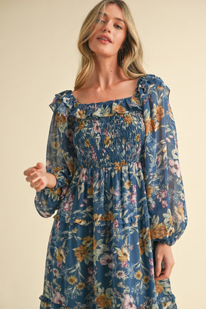 Midnight Blue Floral Smocked Tiered Ruffle Midi Dress