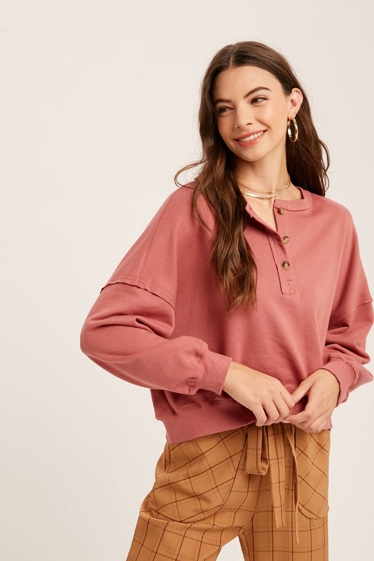 Deep Rose Henley Button Soft Knit Top
