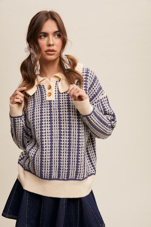 Denim Ruffle Collar Button Plaid Sweater