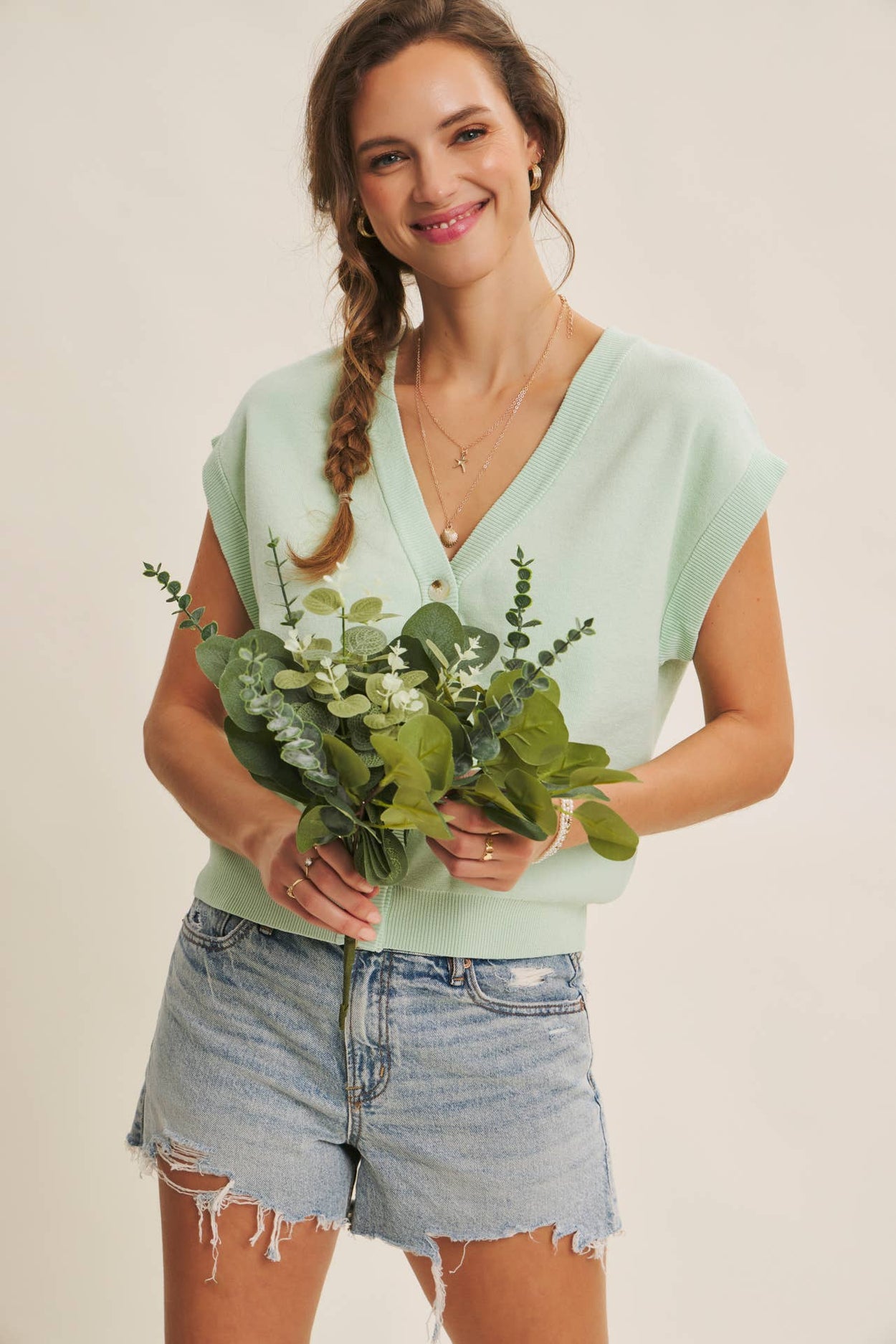 Misty Mint Soft Button Down Sweater Vest