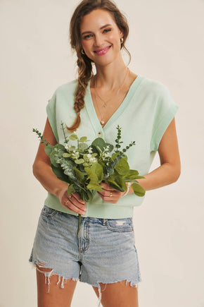 Misty Mint Soft Button Down Sweater Vest