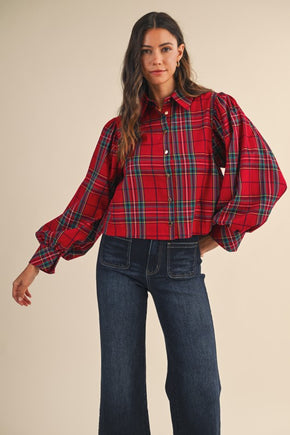 Red Christmas Tartan Check Volume Sleeve Blouse