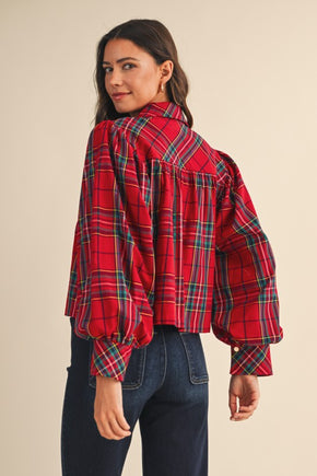 Red Christmas Tartan Check Volume Sleeve Blouse