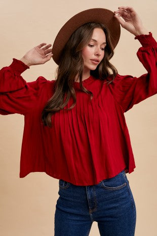 Dark Red Rayon Woven Pintuck Detail Blouse
