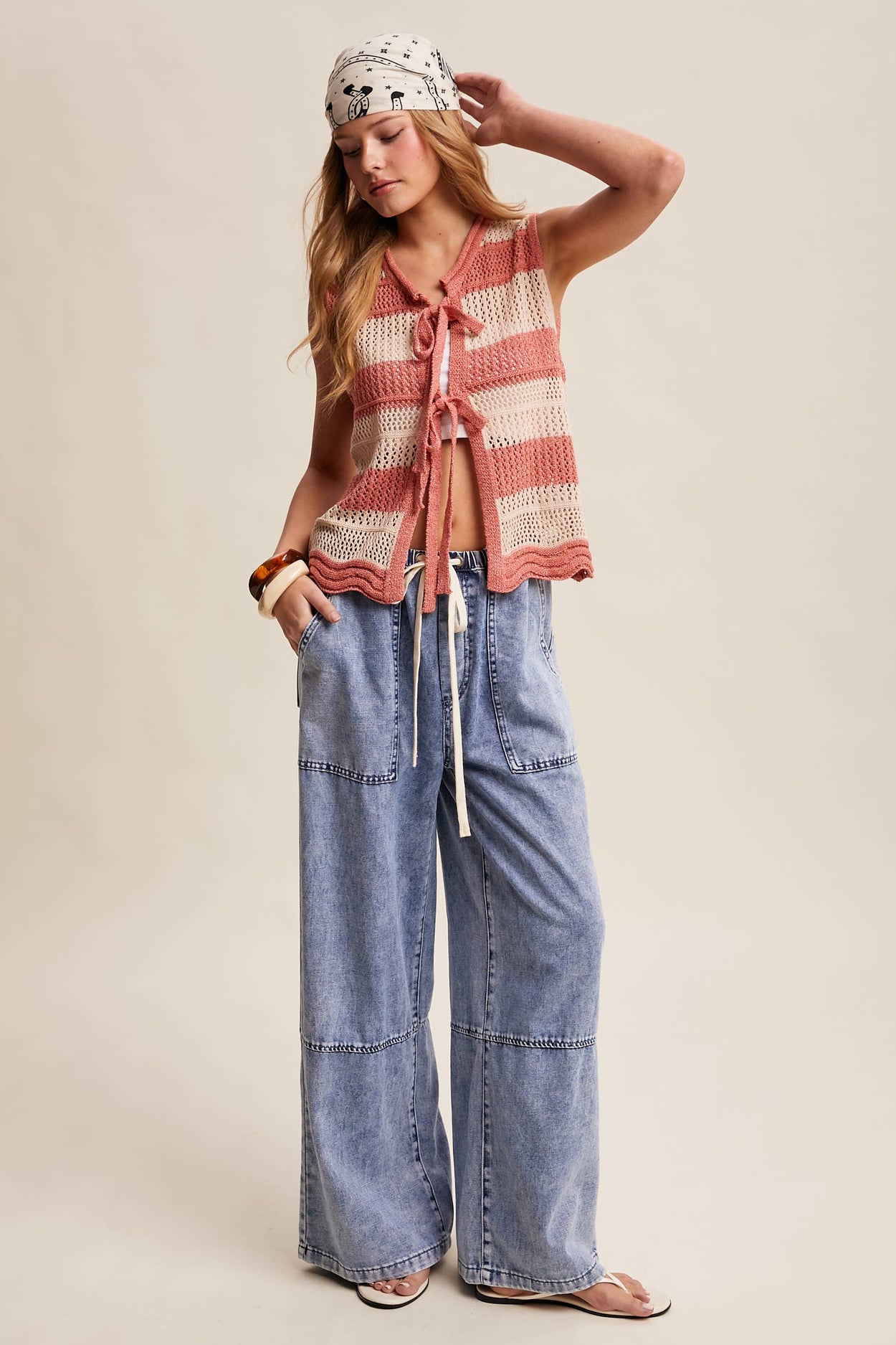 Coral Red Striped Crochet Tie-Front Knit Vest