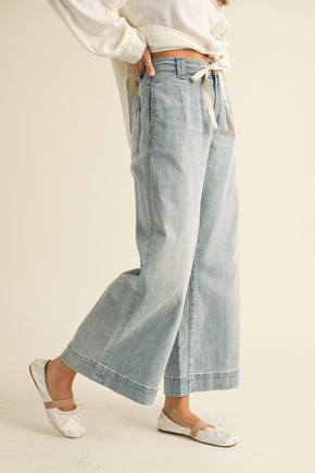 Denim Washed Tie Front Pants