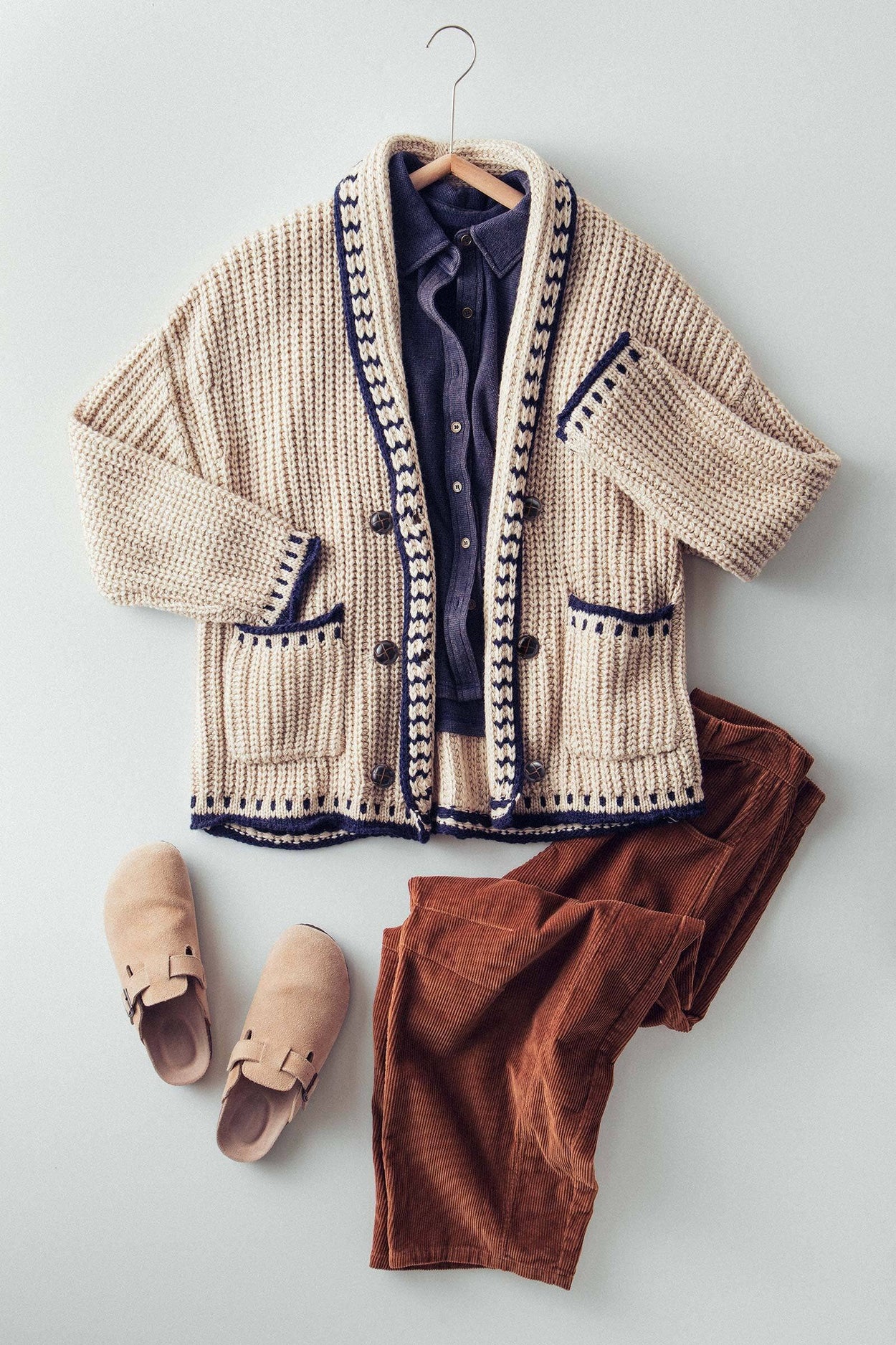 Taupe Chunky Knit Oversized Contrast Cardigan