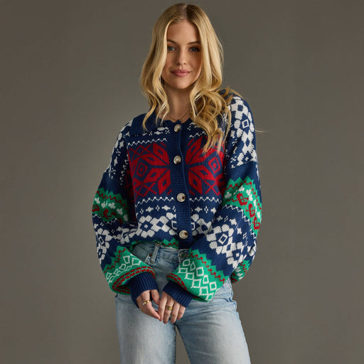 Navy & Multicolored Patterned Cardigan