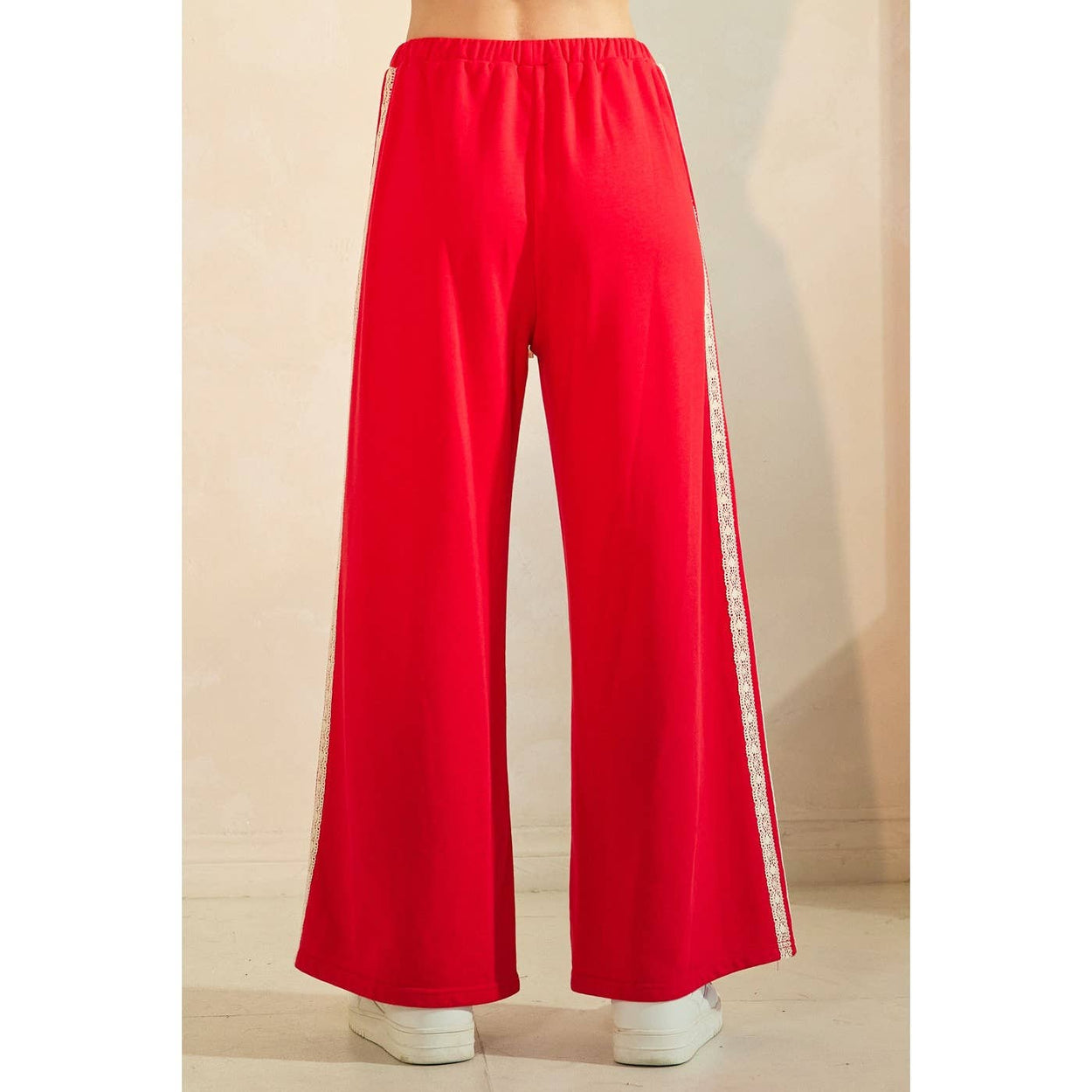 Red Lace Striped Elastic Waist Terry Sweatpants