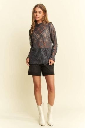 Plus Black Mesh Floral Print Top