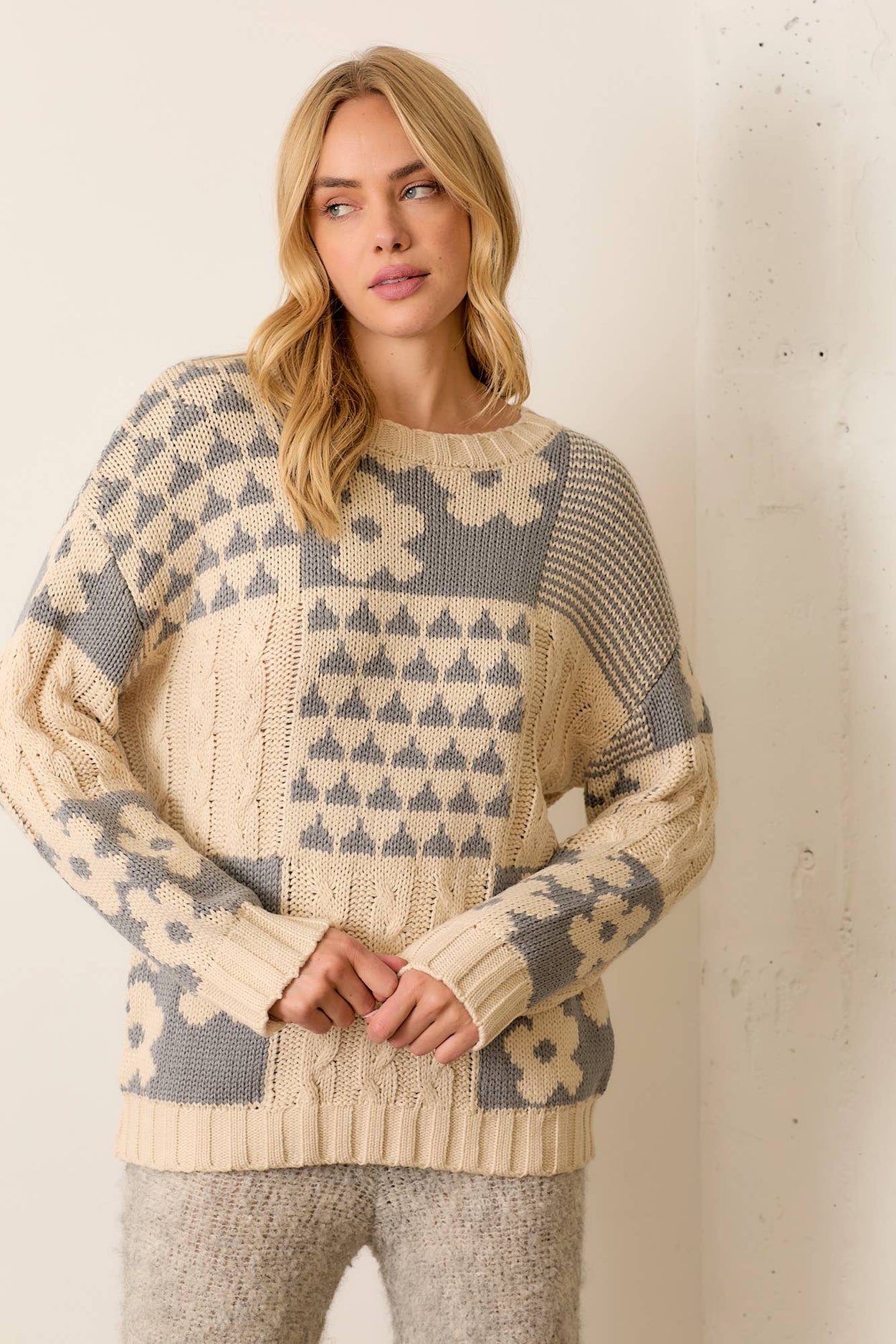 Plus Cream & Grey Jacquard Pullover Sweater