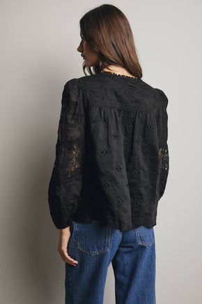 Black Embroidered Lace Puff Sleeve Blouse