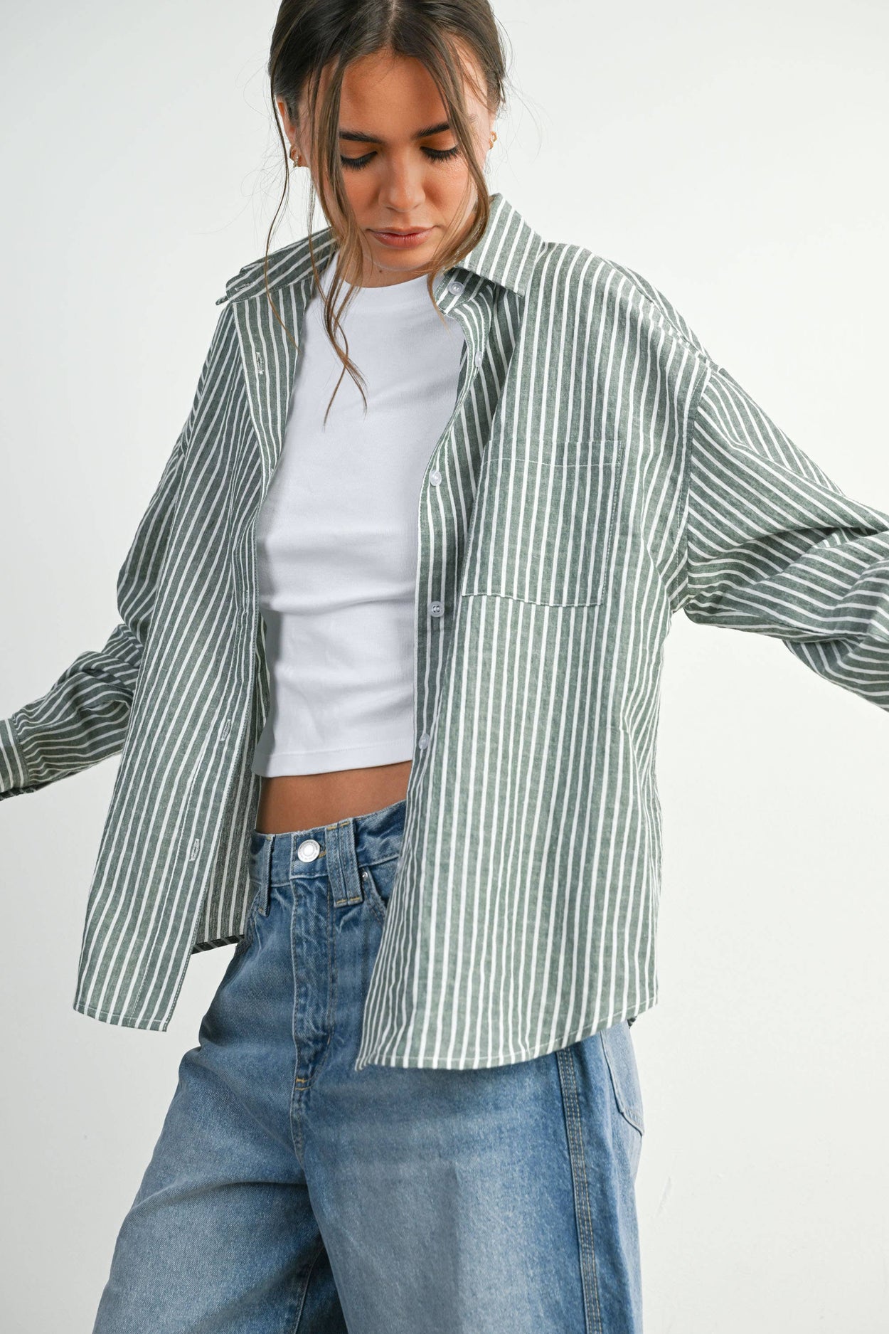 Green Striped Button-Up Top