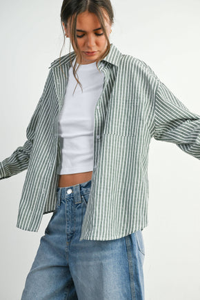 Green Striped Button-Up Top