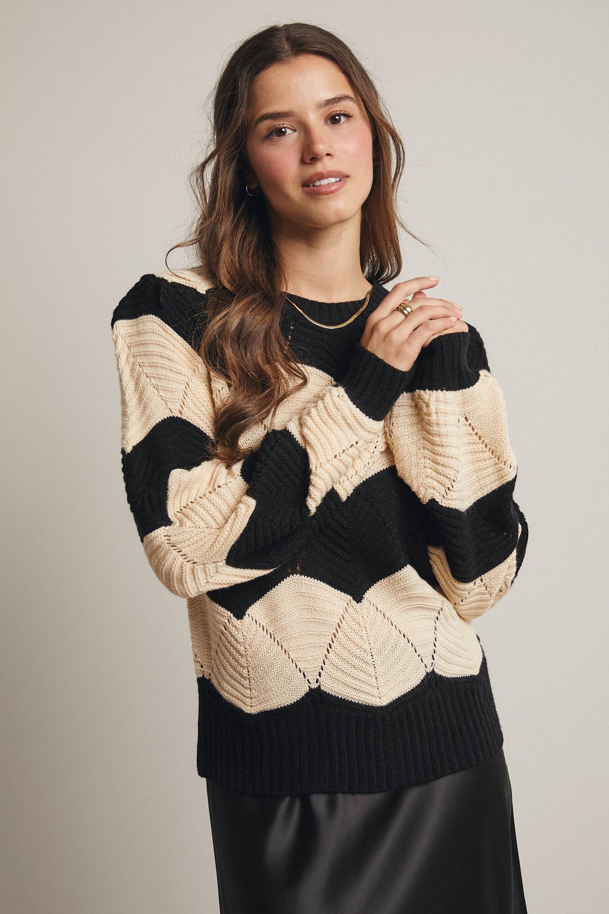 Black Wave Knit Chevron Pullover