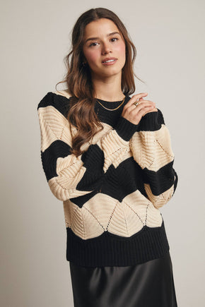 Black Wave Knit Chevron Pullover