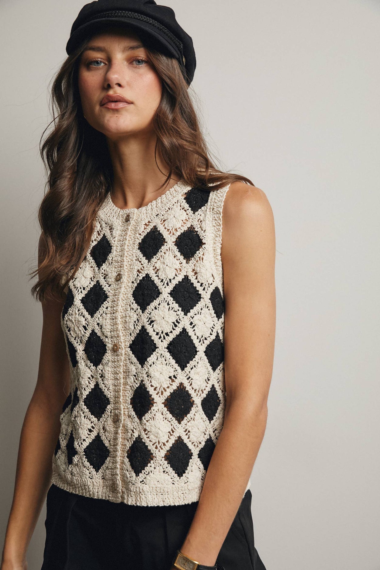 Black Crochet Diamond Pattern Vest