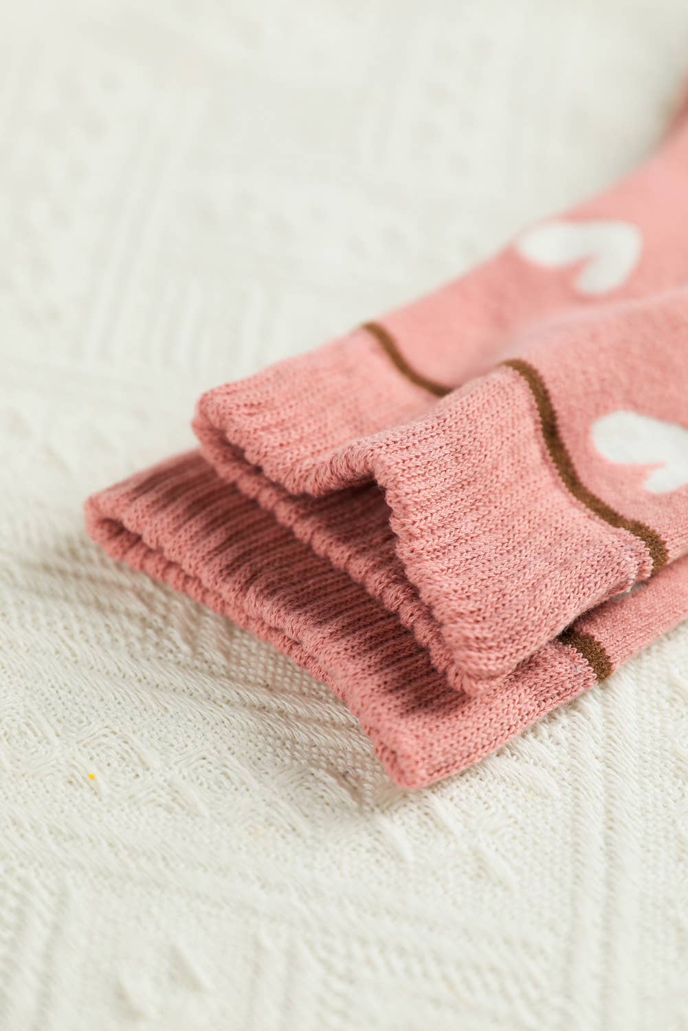 Pink Valentine Contrast Heart Print Ribbed Cuff Crew Socks