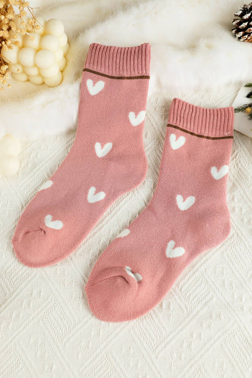 Pink Valentine Contrast Heart Print Ribbed Cuff Crew Socks