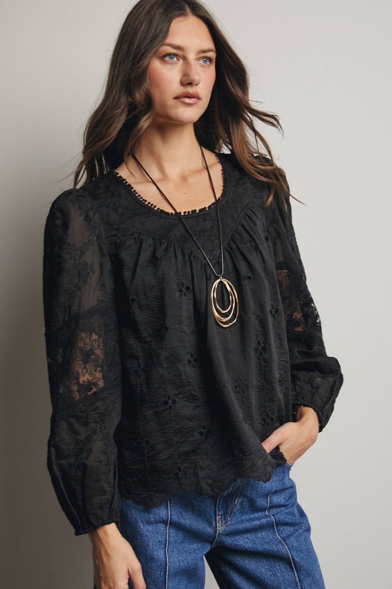Black Embroidered Lace Puff Sleeve Blouse