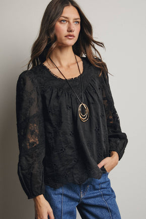 Black Embroidered Lace Puff Sleeve Blouse