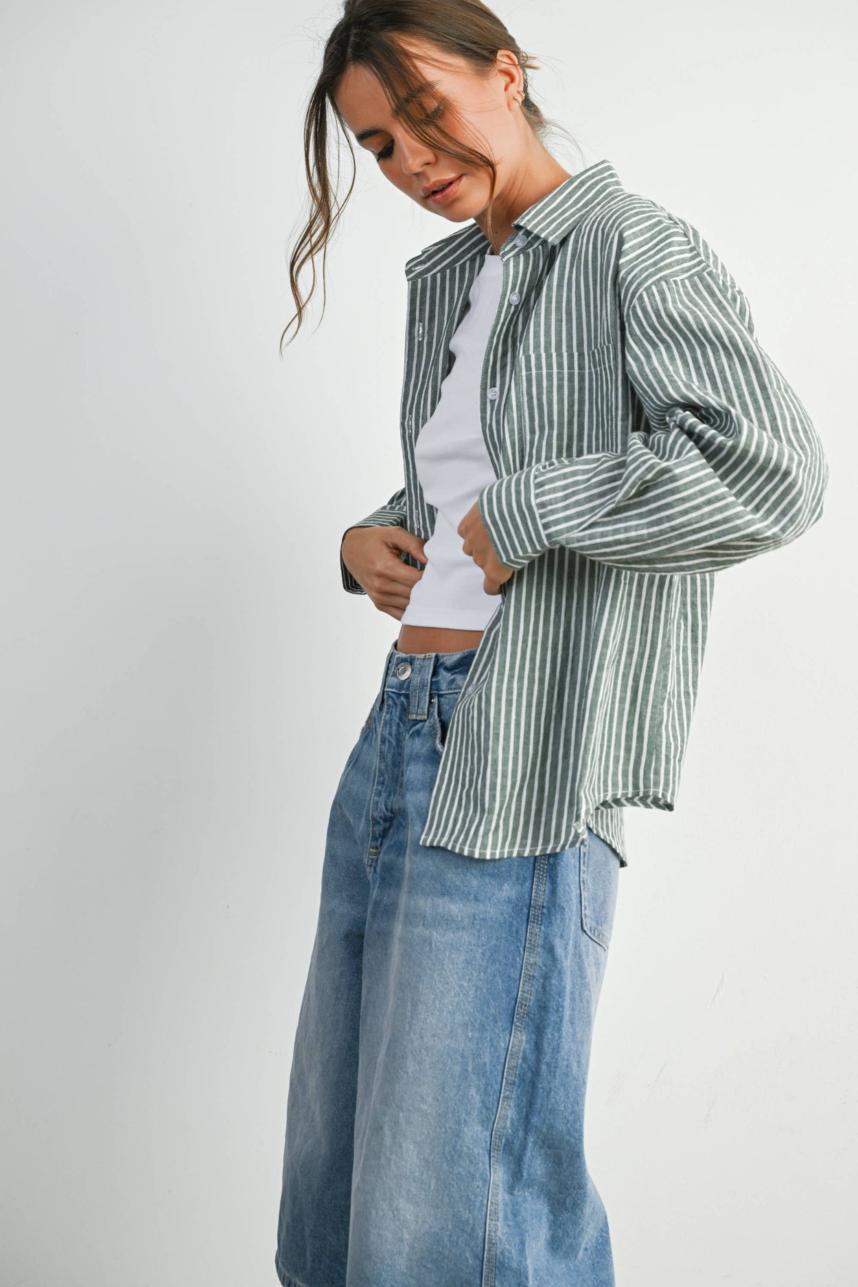 Green Striped Button-Up Top