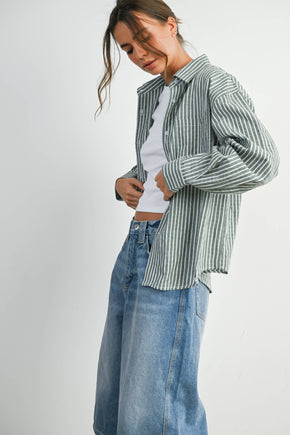 Green Striped Button-Up Top