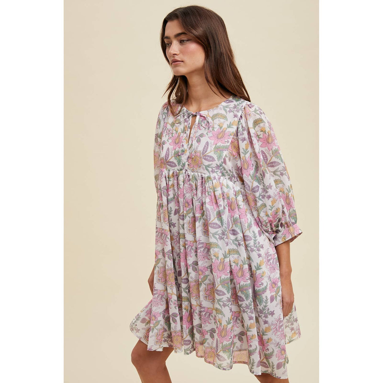 Cream & Pink Floral Balloon Sleeve Mini Dress