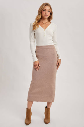 Latte Ribbed Knit Midi Skirt
