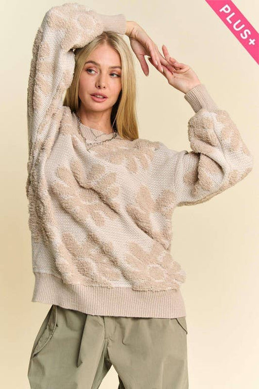Plus Beige Textured Floral Sweater