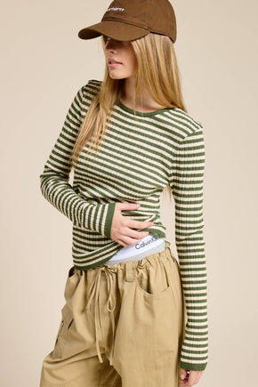 Pine Ribbed Knit Striped Long Sleeve Top