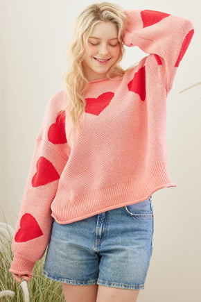 Pink Heart Patched Loose Fit Sweater