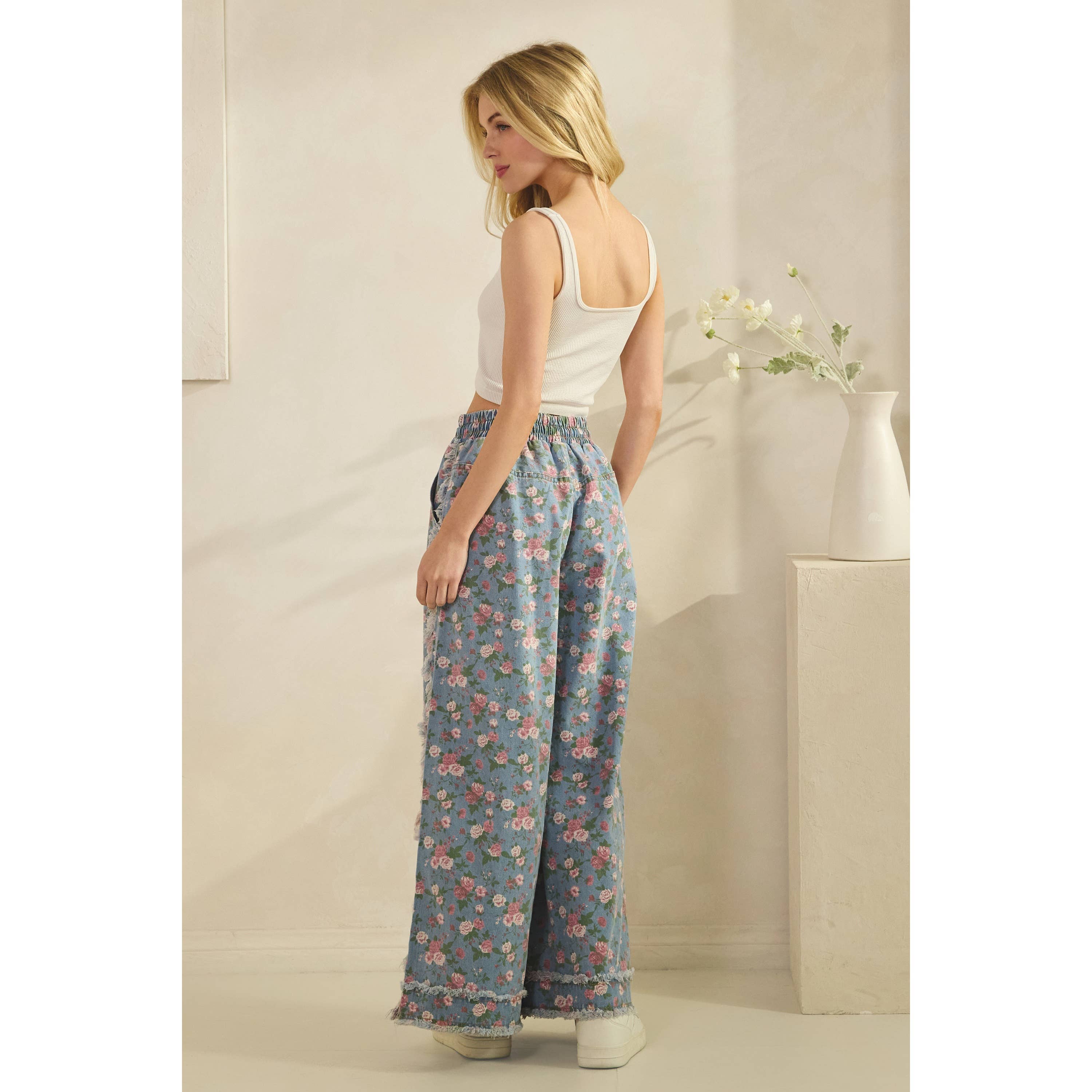 Light Denim Boho Floral Garden Denim Pants