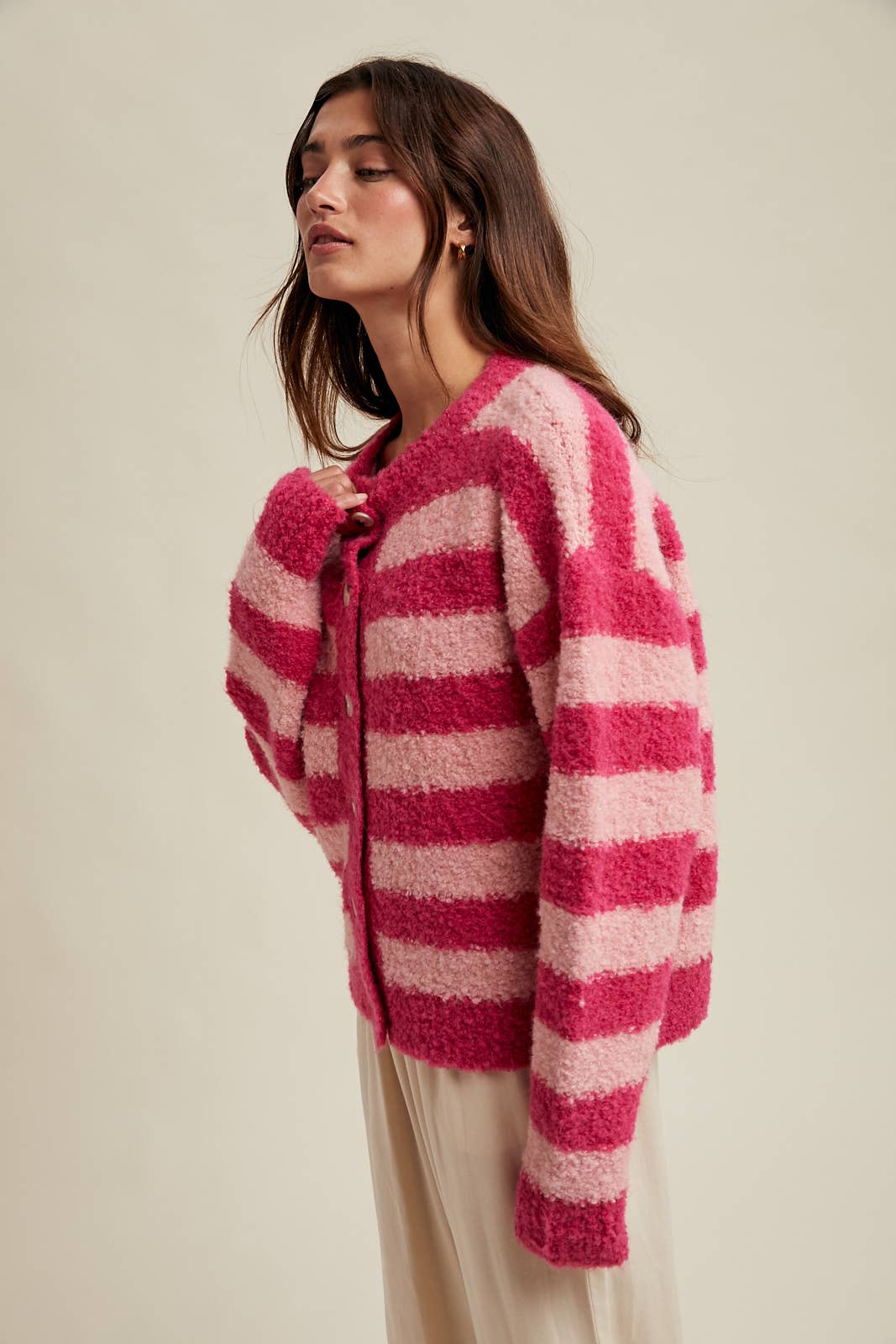 Pink Brushed Striped Button Up Cardigan