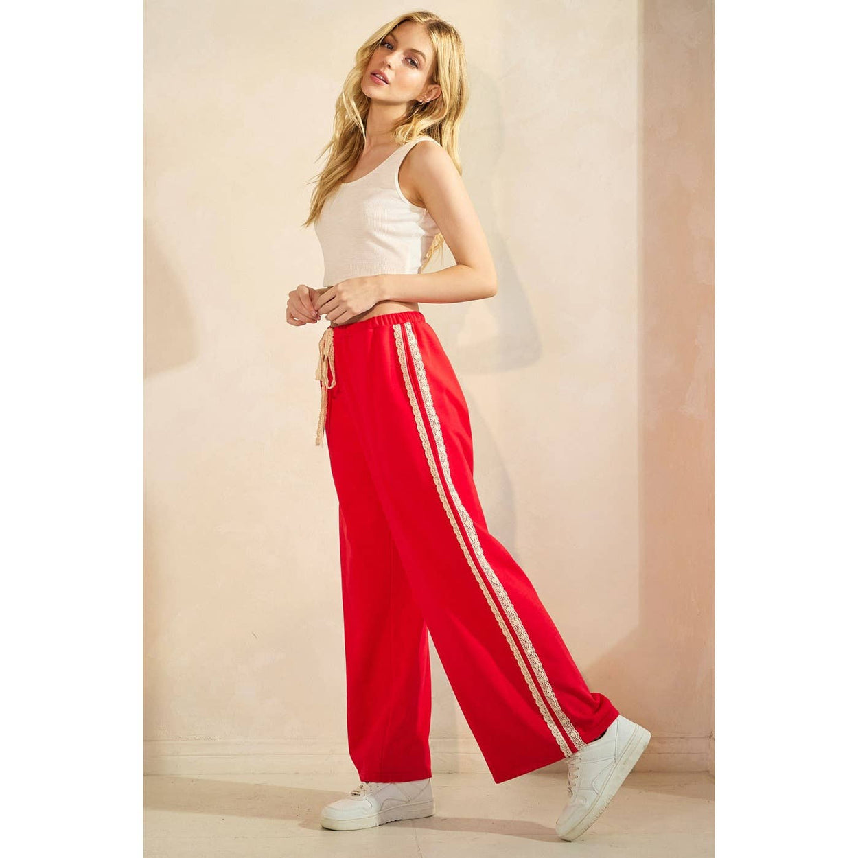 Red Lace Striped Elastic Waist Terry Sweatpants