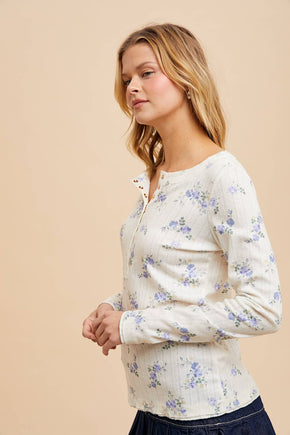 White & Blue Floral Henley Snap Long Sleeve Top
