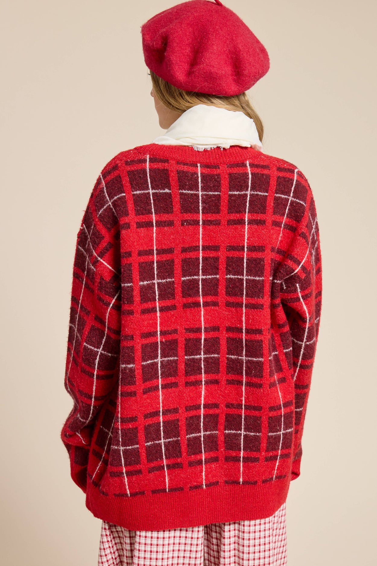 Red Plaid Tie-Front Cardigan Sweater