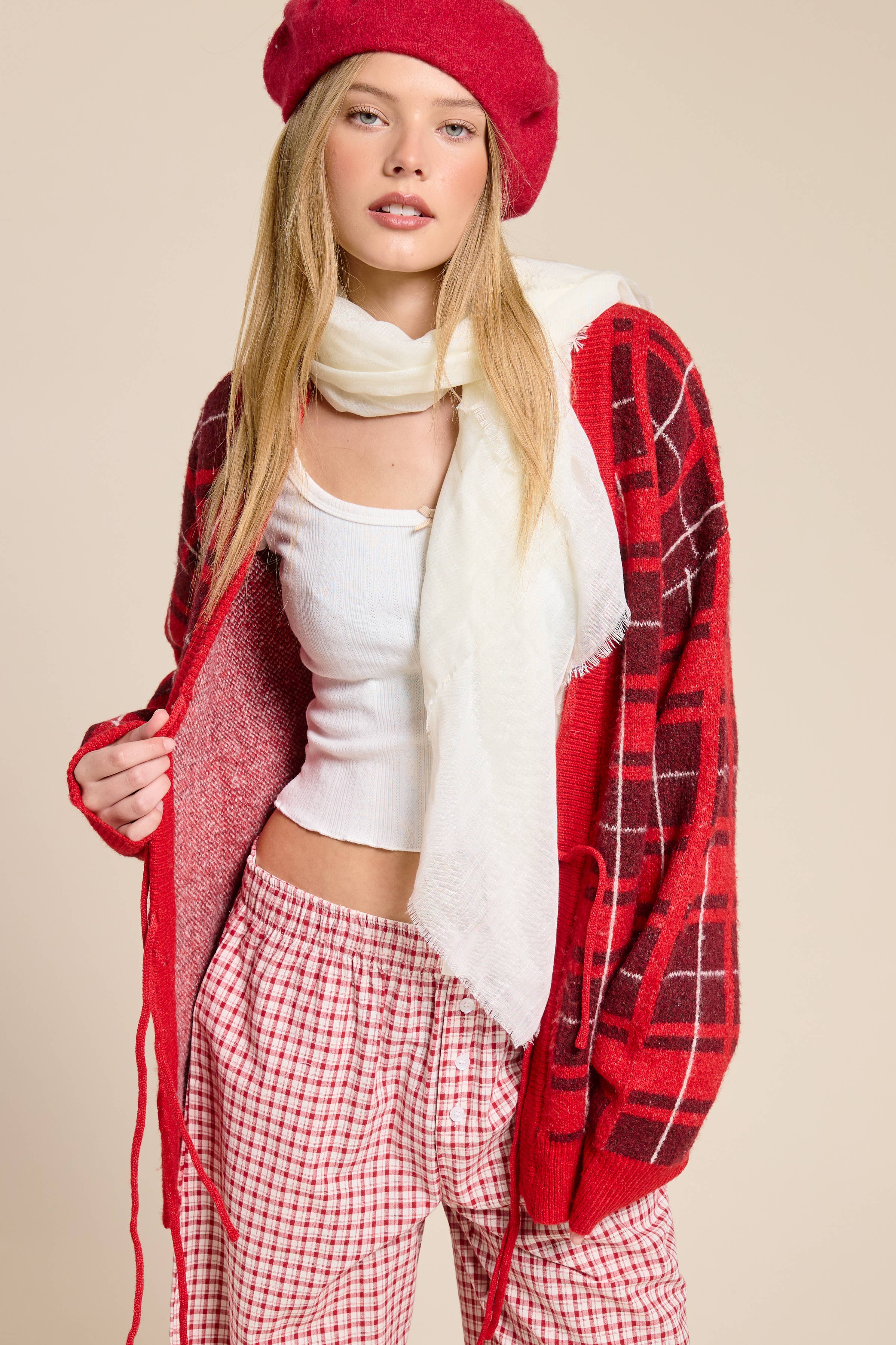 Red Plaid Tie-Front Cardigan Sweater