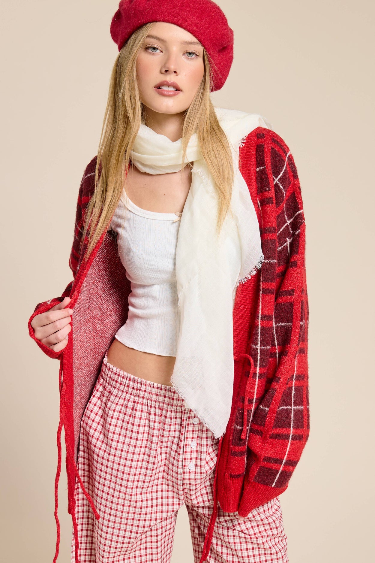 Red Plaid Tie-Front Cardigan Sweater