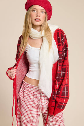 Red Plaid Tie-Front Cardigan Sweater