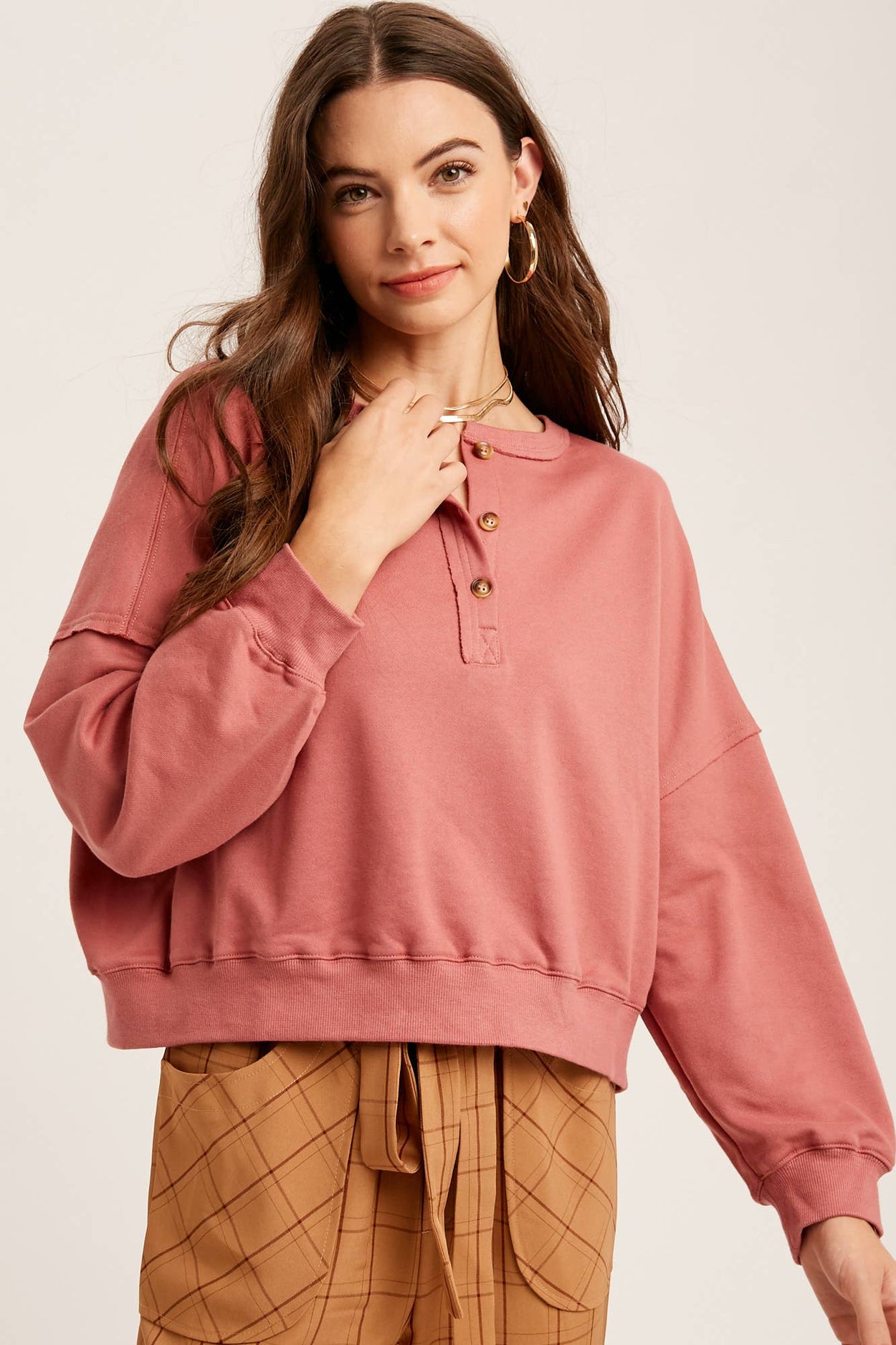 Deep Rose Henley Button Soft Knit Top