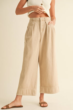 Beige Loose Fit Pleated Cotton Pants